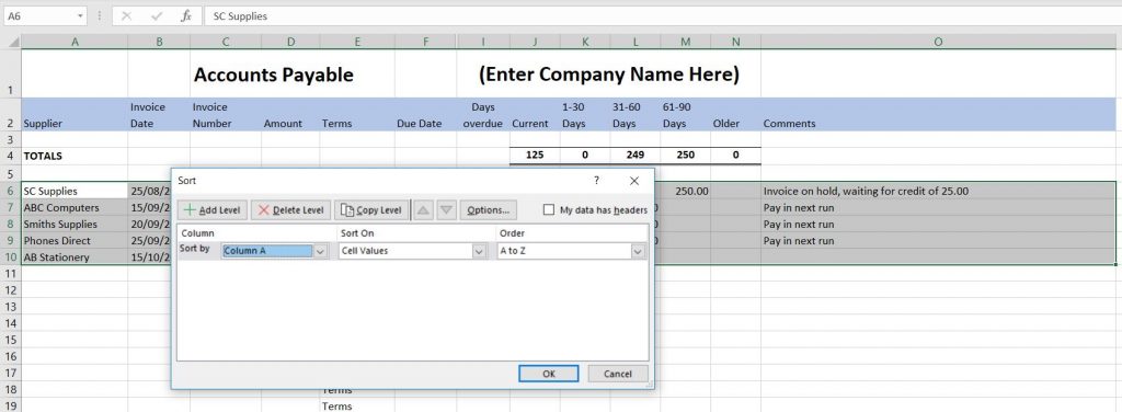 Accounts Payable Template Accounts Payable Sorting Data