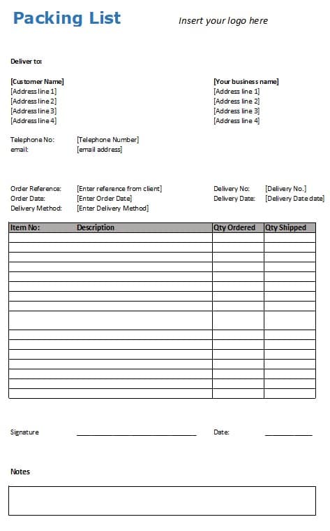 Packing List Template Free Excel Packing list template