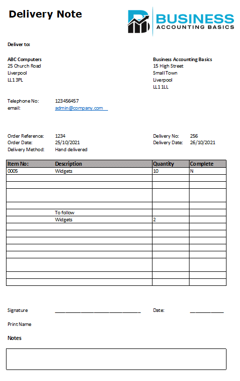Free Excel Bookkeeping Templates for Small Business Delivery note template example in Excel