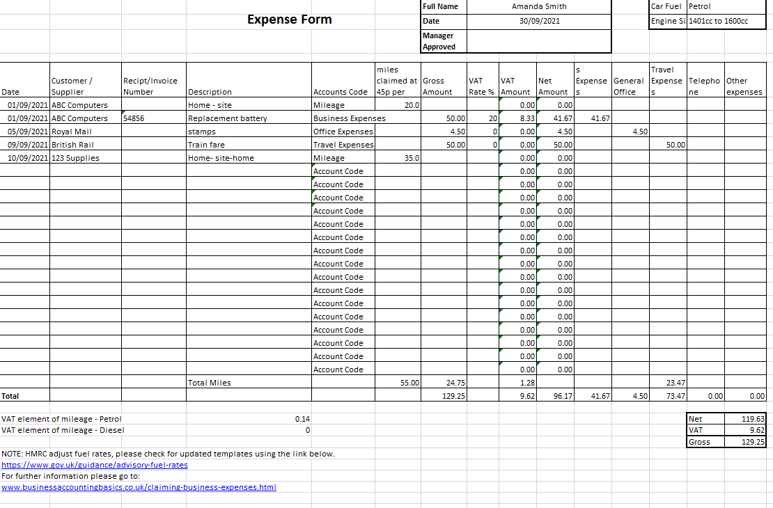 Claiming Business Expenses Business Expense Template UK Example