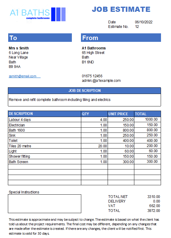 FREE Job Estimate Template Job Estimate Template Example for goods and services