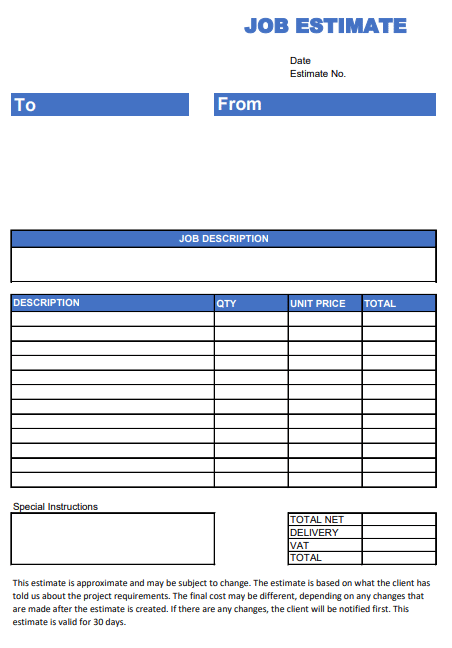 FREE Job Estimate Template Job Estimate form PDF