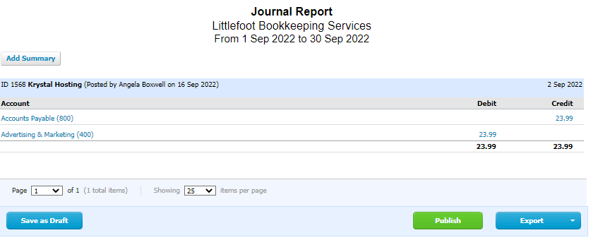 Journal Entry in Accounting Journal report in Xero for accounts payable