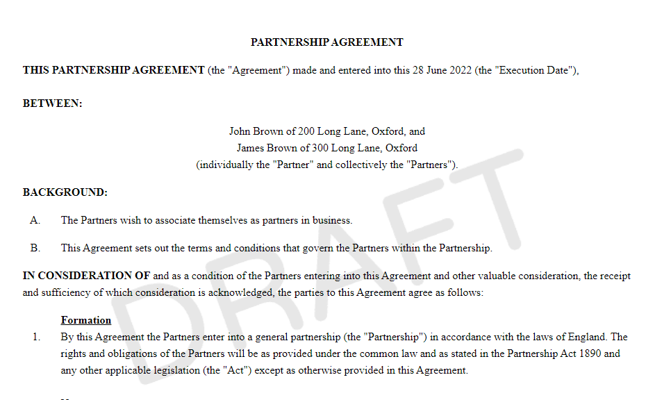 A Guide to Setting Up a Partnership Example Partnership Agreement