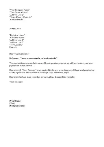 Credit Control Procedures 7 day collection letter